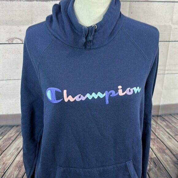 Champion Sweatshirt Womens Large Navy Long Sleeve Hoodie Pull Over - Picture 2 of 9